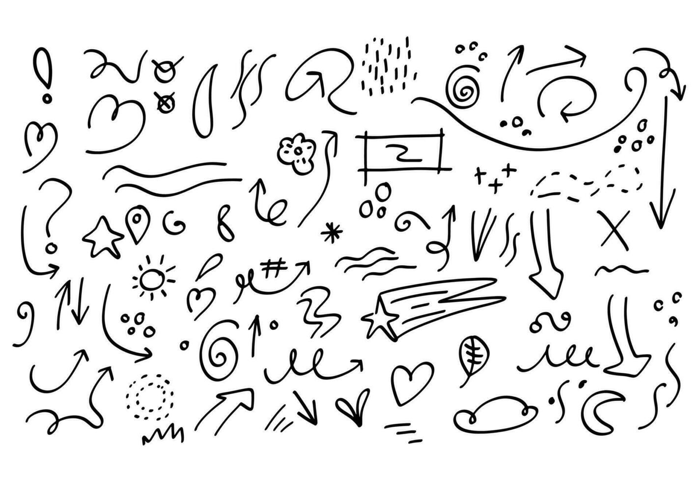 decoratief hand- getrokken vormen. doodles lijnen elementen, inkt lijn pijl en bloem schoonschrift teken schetsen. geïsoleerd vector illustratie