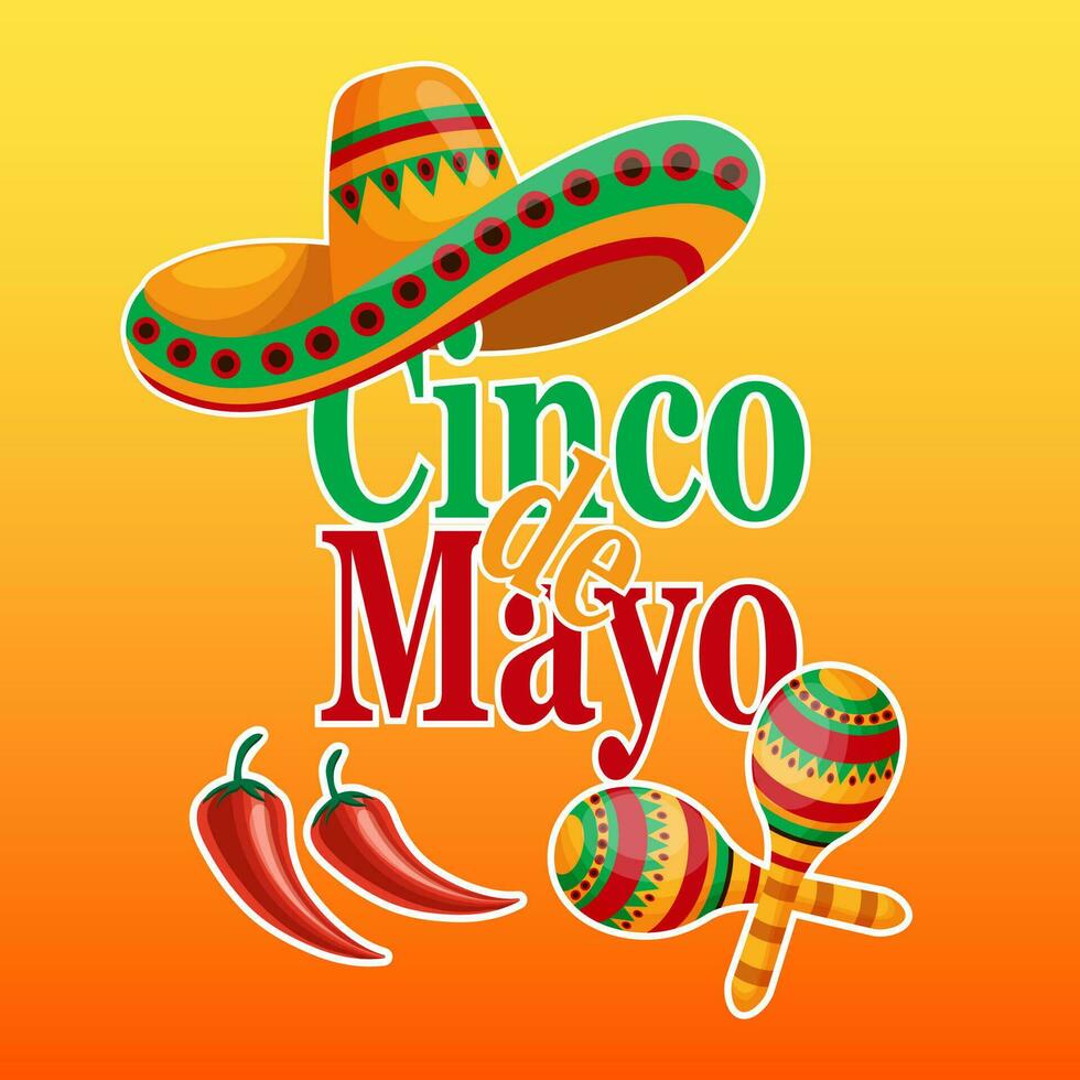 kleurrijk cinco de mayo banier met Mexico symbolen, taco's, gitaar, sombrero en maracas. illustratie, poster, vector