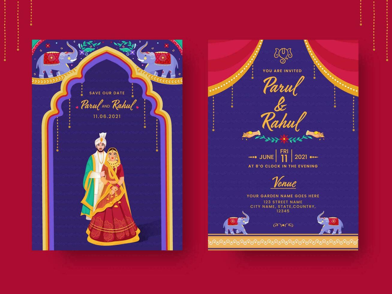 Indië kitsch stijl bruiloft uitnodiging kaart met evenement details in voorkant en terug visie. vector