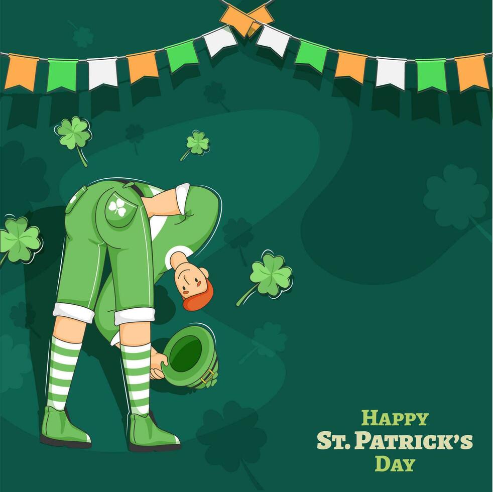 gelukkig st. Patrick dag poster ontwerp met tekenfilm elf van Ierse folklore Mens, Klaver bladeren en Iers driekleur vlaggedoek vlaggen versierd Aan groen achtergrond. vector