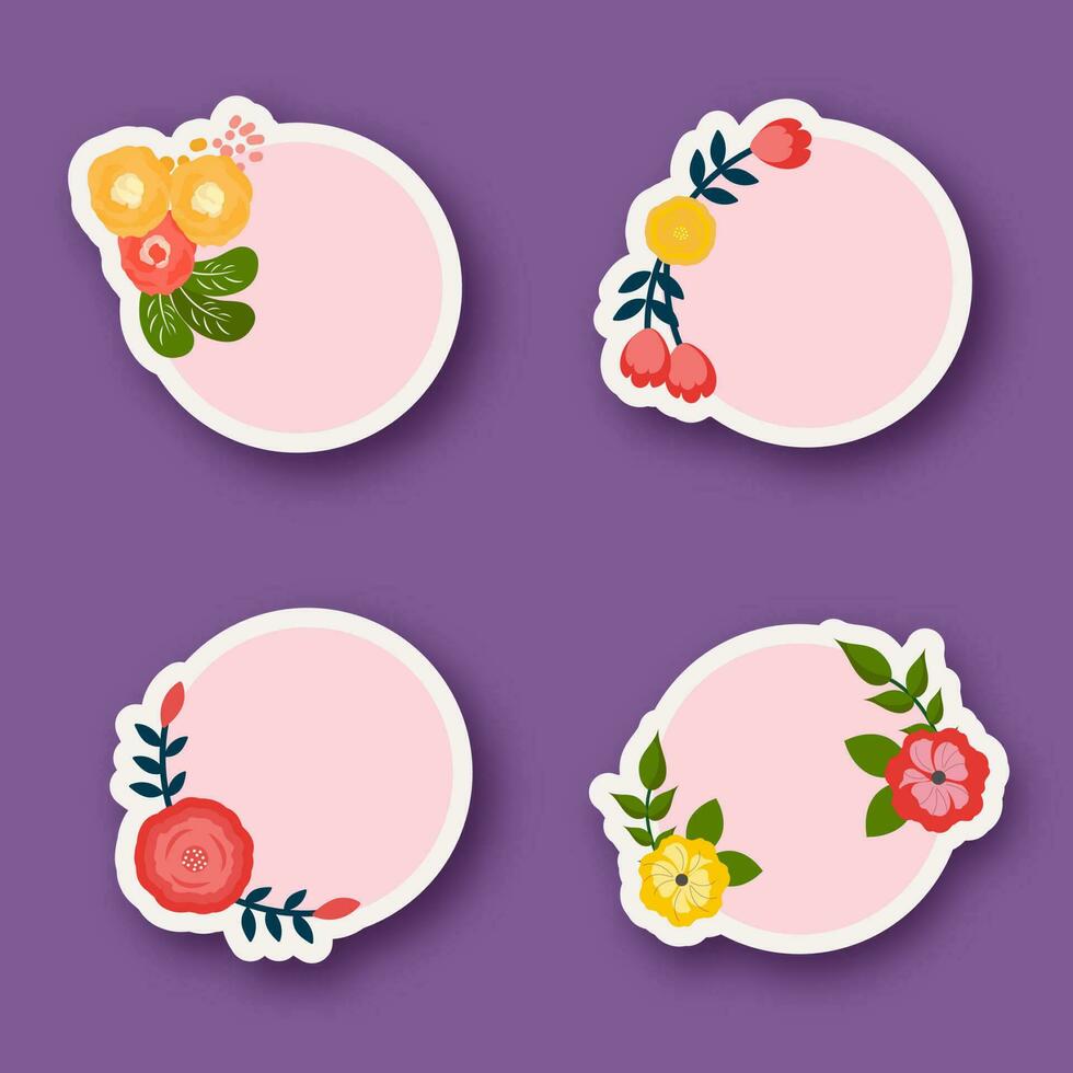 bloemen gedrukt ronde vorm met ruimte voor tekst in vier opties Aan Purper achtergrond. vector