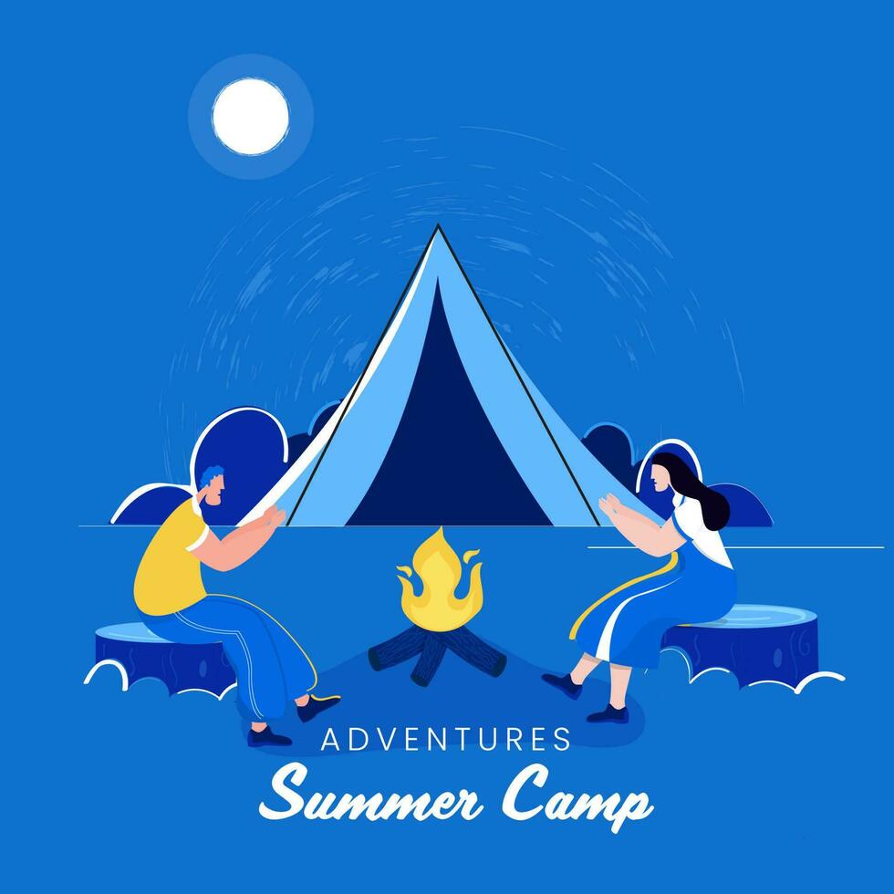 avonturen zomer kamp poster ontwerp met tekenfilm paar in voorkant van vreugdevuur en camping tent Aan vol maan blauw achtergrond. vector