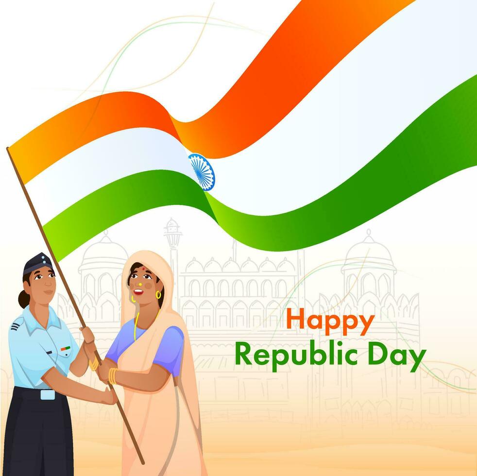 gelukkig republiek dag viering concept met Indisch Dames Holding Indië vlag Aan lijn kunst rood fort achtergrond. vector