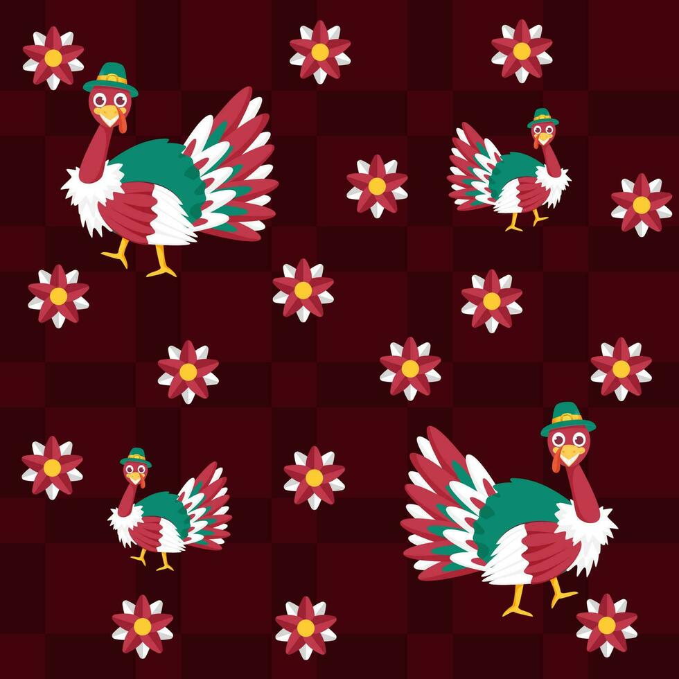 kleurrijk tekenfilm kalkoen vogelstand en bloemen versierd Aan rood meetkundig patroon achtergrond. vector