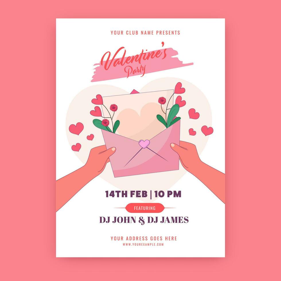 Valentijnsdag partij uitnodiging, folder ontwerp met hand- Holding liefde envelop Aan wit achtergrond. vector