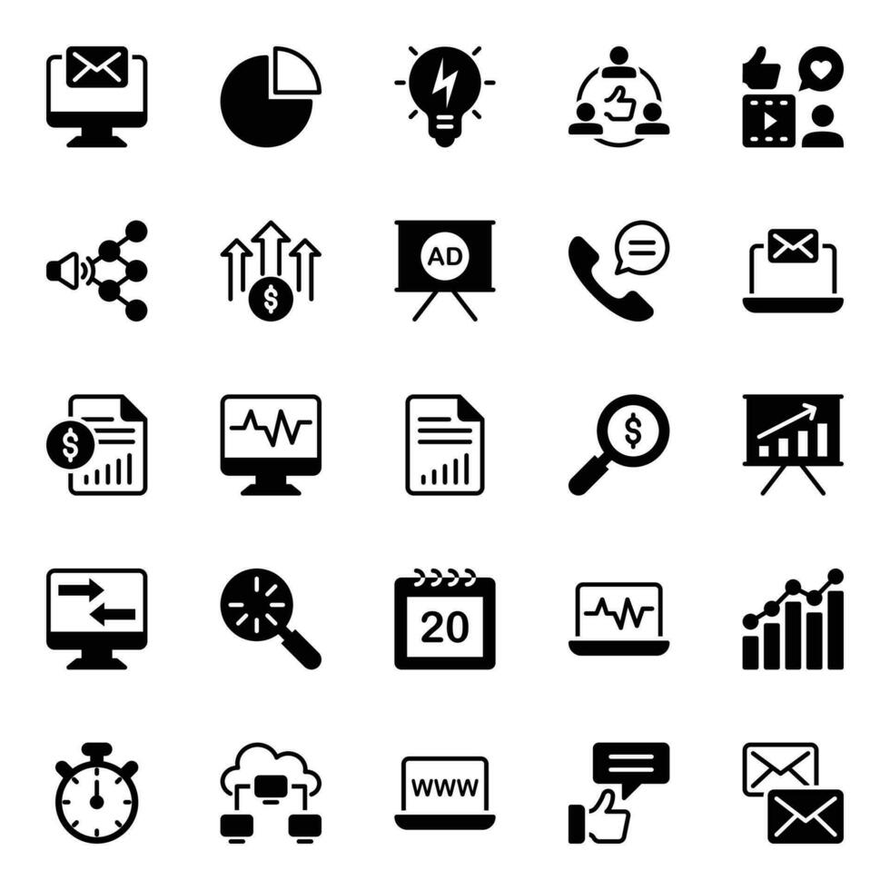 glyph pictogrammen voor digitaal marketing. vector