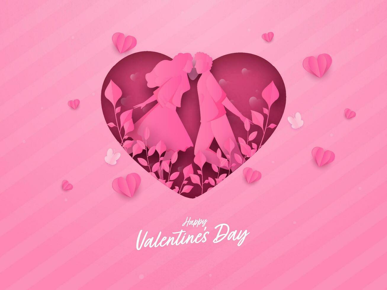 gelukkig Valentijnsdag dag groet kaart met papier besnoeiing liefhebbend stel, bladeren en harten versierd Aan roze streep achtergrond. vector