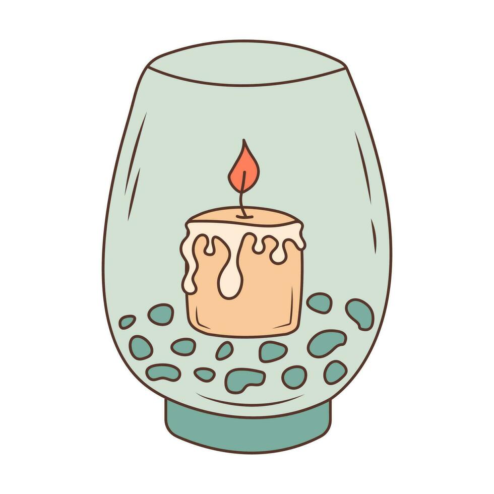 kaars met was- in een vaas met stenen. hygge huis decor. hand- getrokken illustratie in tekening stijl. vector