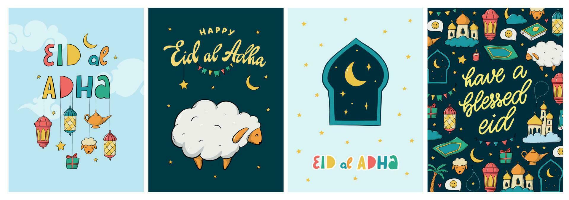 reeks van 4 Islamitisch groet kaarten, affiches, afdrukken, banners voor eid al adha gedecoreerd met belettering citaten en krabbels. eps 10 vector