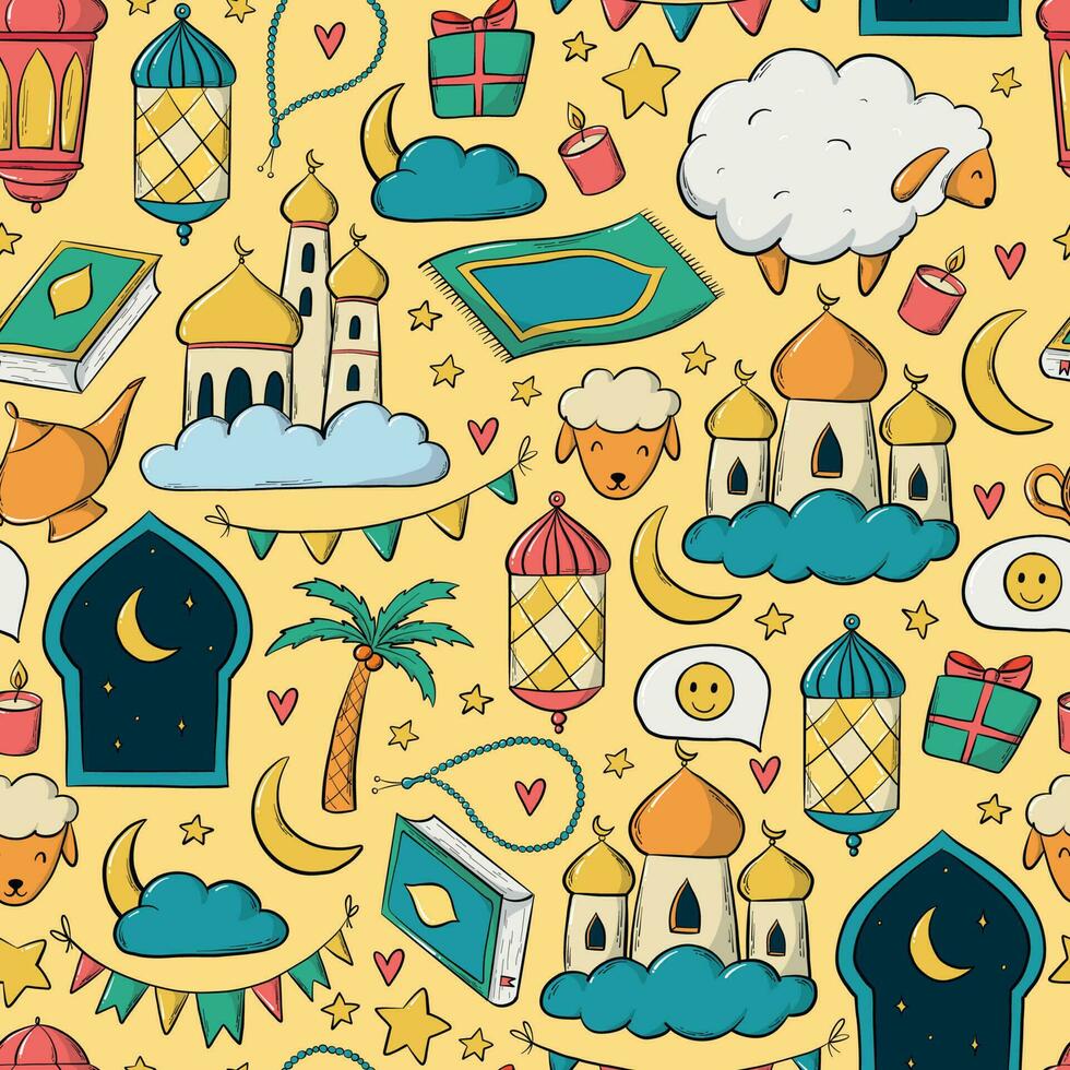 Islamitisch naadloos patroon met hand- getrokken doodles voor eid al adha. mooi zo voor behang, verpakking, textiel afdrukken, omhulsel papier, scrapbooken, stationair, enz. eps 10 vector