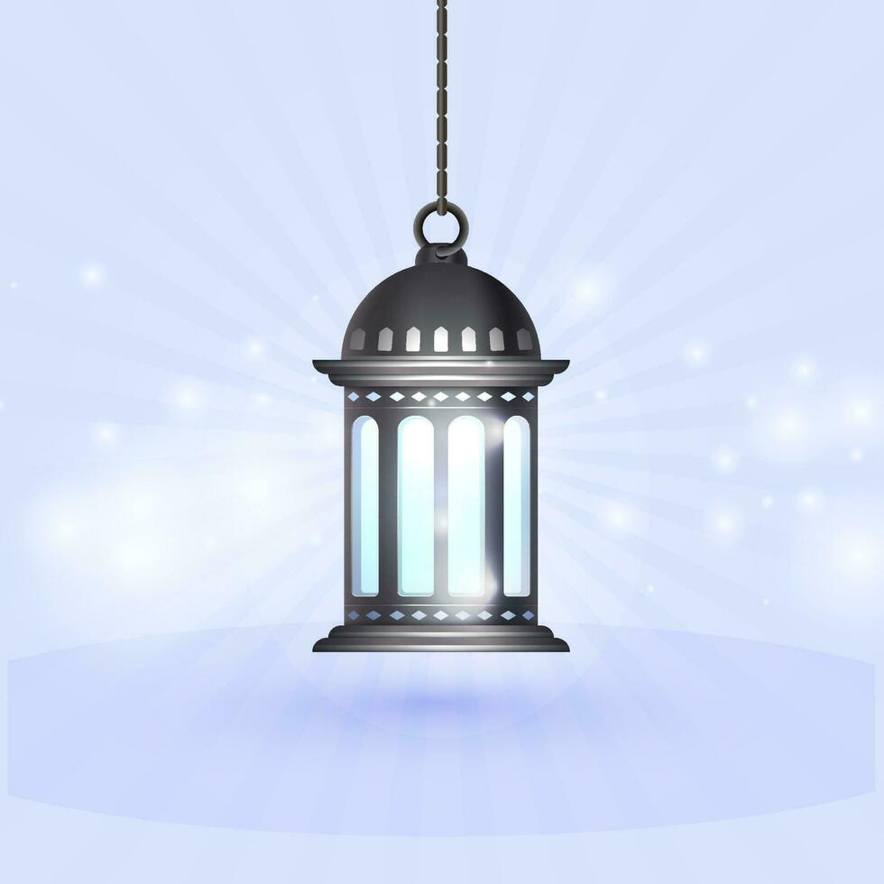 realistisch Arabisch lantaarn hangen met lichten effect Aan blauw stralen achtergrond. vector