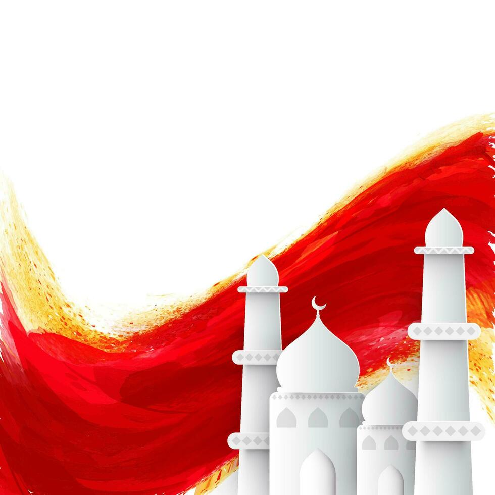 papier besnoeiing moskee en borstel beroerte golvend Aan wit achtergrond voor Islamitisch festival concept. vector