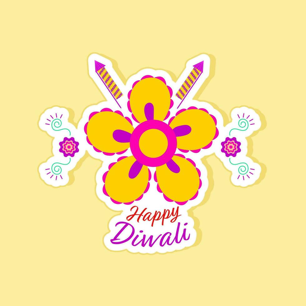 gelukkig diwali wensen sticker van voetzoeker raket met bloemen geel achtergrond. vector