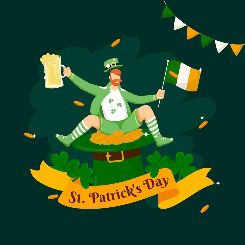 st. Patrick dag tekst lint met tekenfilm elf van Ierse folklore Mens Holding Iers vlag, bier mok en klaver bladeren Aan groen achtergrond. vector