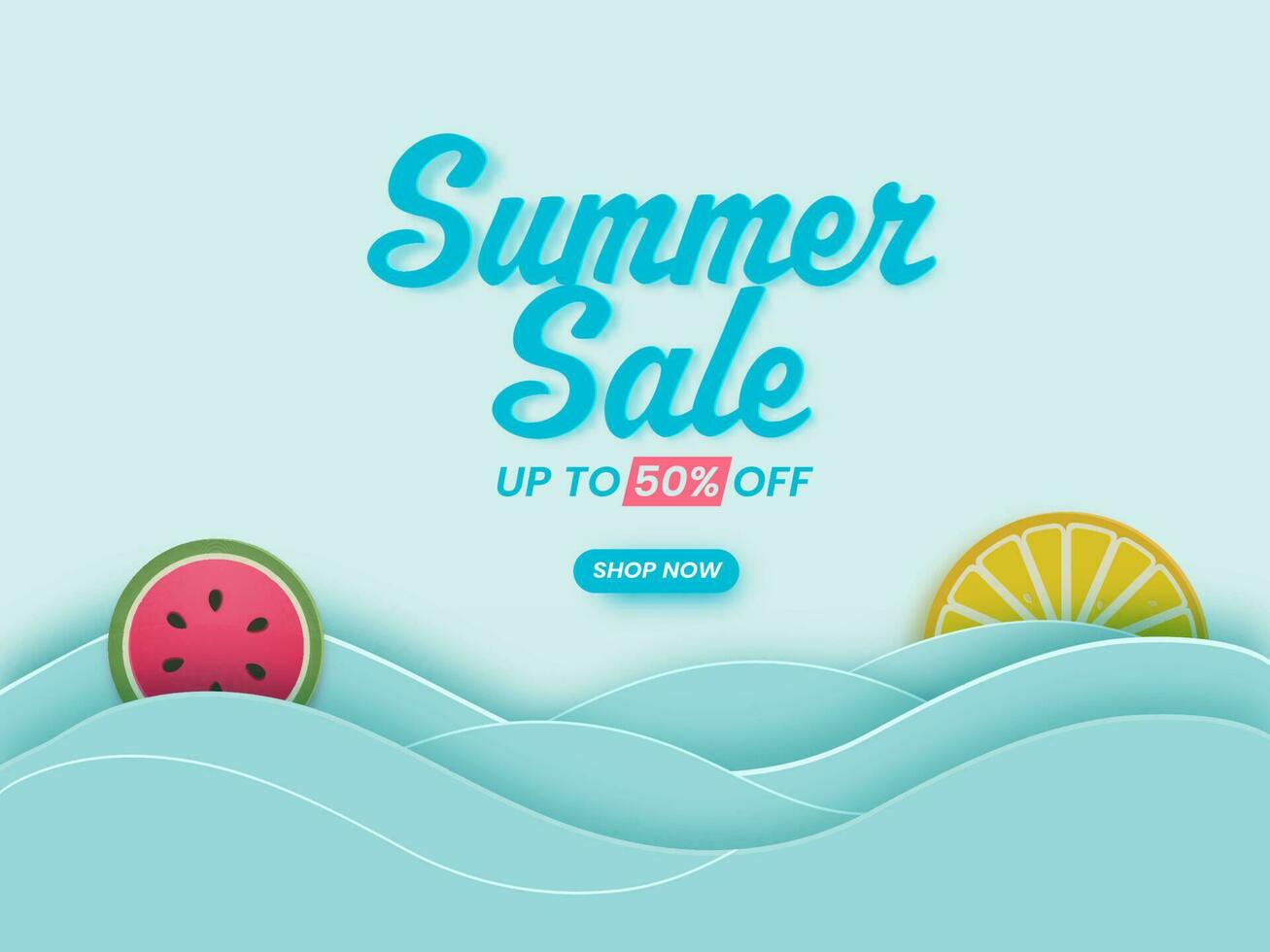 zomer uitverkoop poster ontwerp met korting bieden, fruit plakjes en golven Aan blauw achtergrond. vector