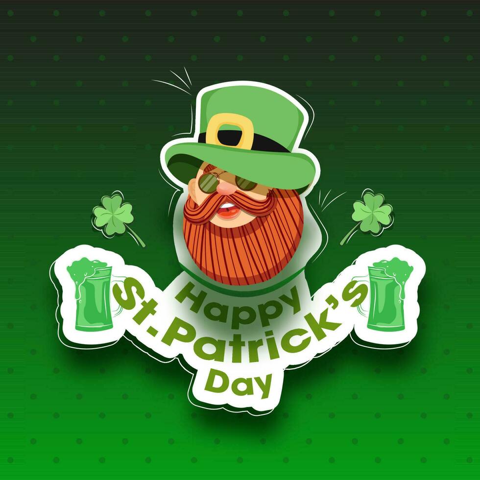 sticker stijl gelukkig st. Patrick dag tekst met bier mokken, Klaver bladeren en elf van Ierse folklore Mens gezicht Aan groen stippel achtergrond. vector