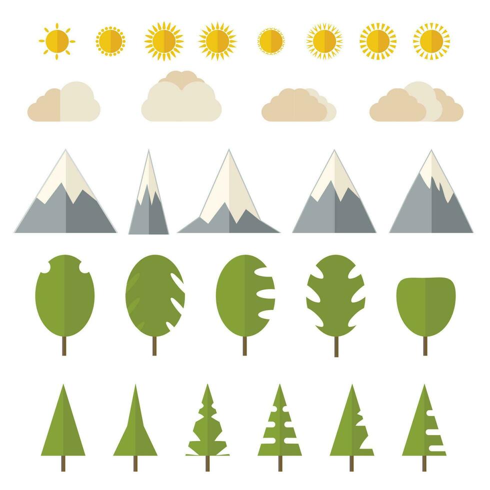 spel tafereel elementen voor bomen zon wolk bergen landschap vector