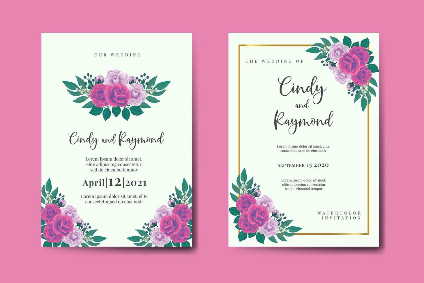 bruiloft uitnodiging kader set, bloemen waterverf digitaal hand- getrokken Purper anemoon bloem ontwerp uitnodiging kaart sjabloon vector