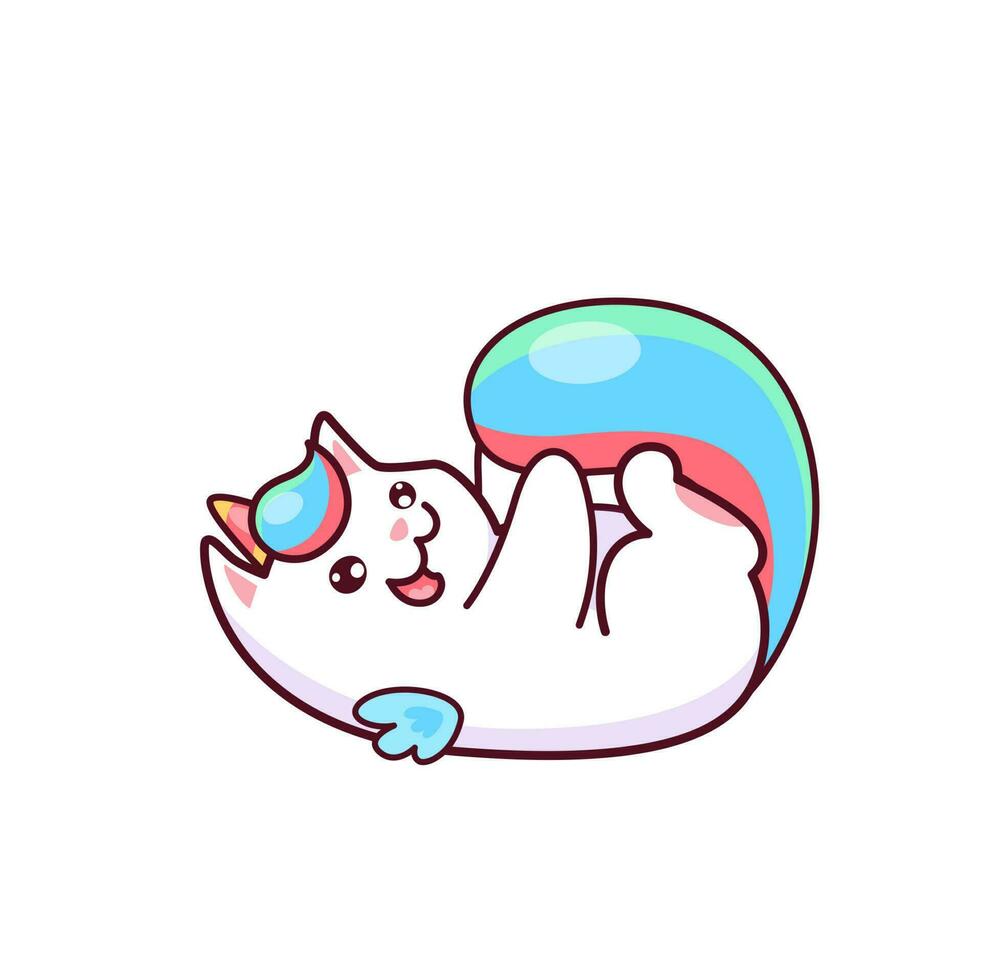 tekenfilm schattig kawaii caticorn spelen met staart vector