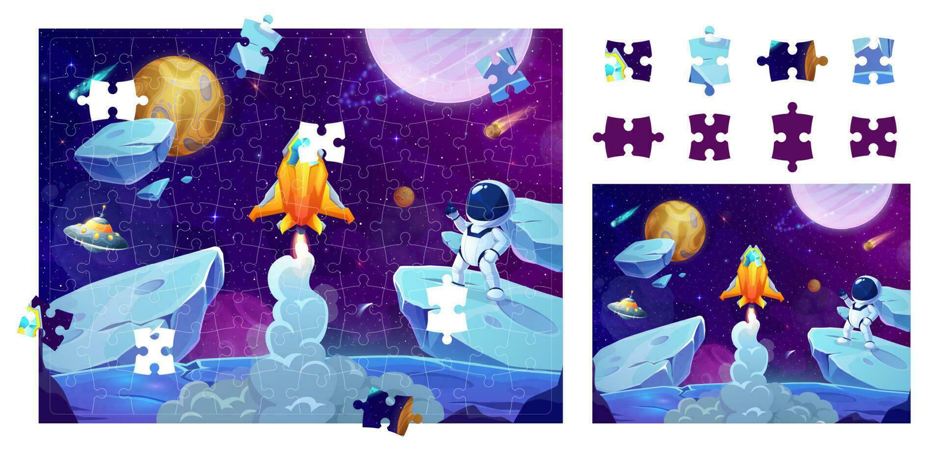 decoupeerzaag puzzel ruimte spel astronaut en ruimteschip vector