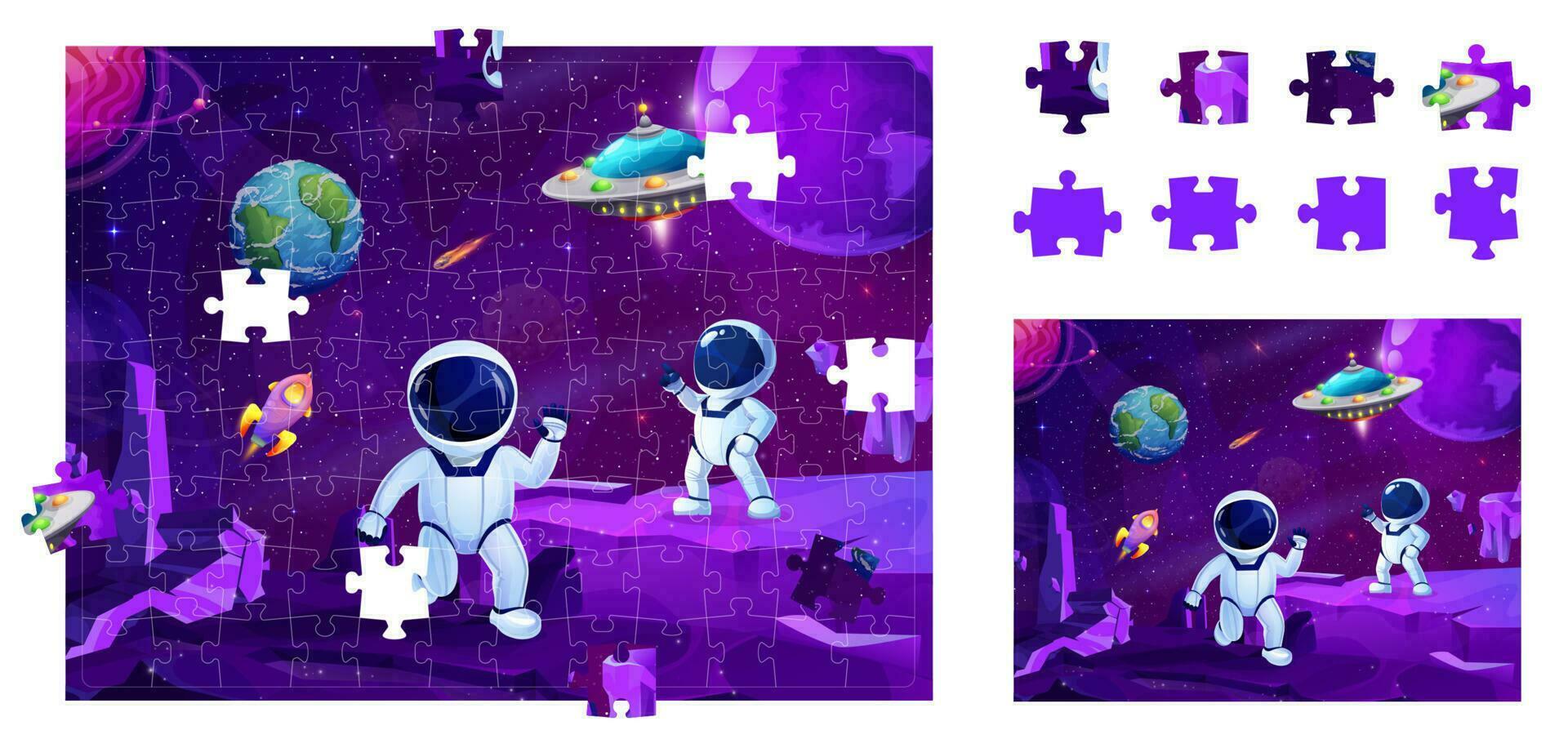 tekenfilm ruimte decoupeerzaag puzzel spel stukken raadsel vector