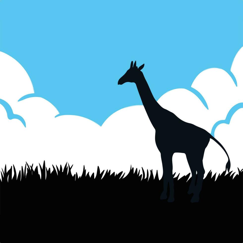 giraffe lang nek dier vector silhouet geïsoleerd Aan blauw lucht met wolken en gras achtergrond. dierentuin wild leven themed tekening. gemakkelijk vlak kunst gestileerd illustratie Aan plein sjabloon.