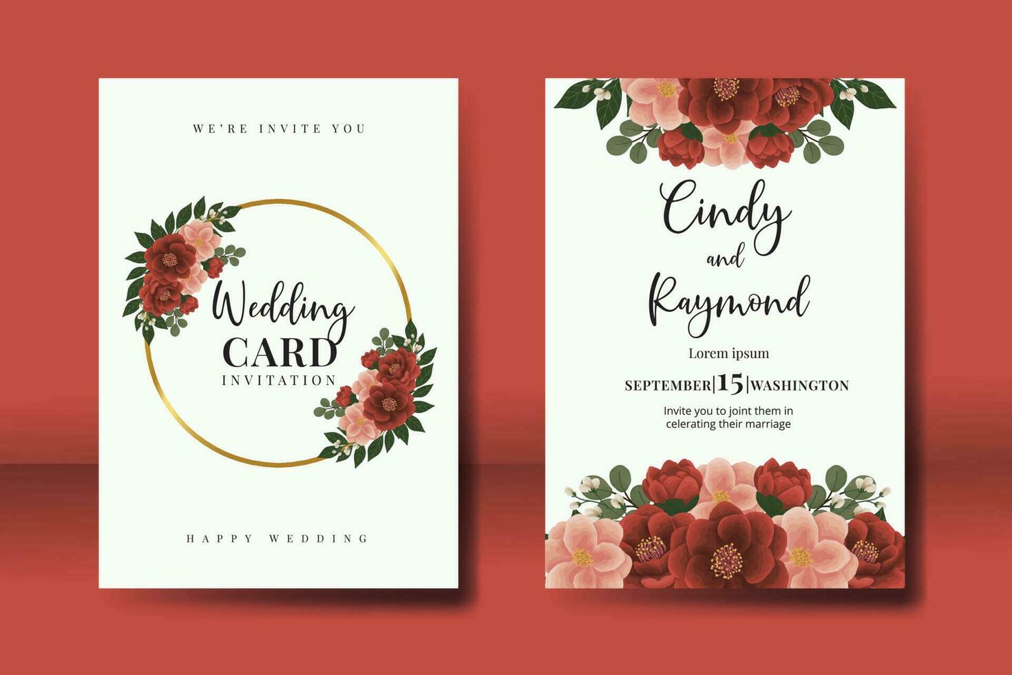 bruiloft uitnodiging kader set, bloemen waterverf digitaal hand- getrokken rood camelia bloem ontwerp uitnodiging kaart sjabloon vector