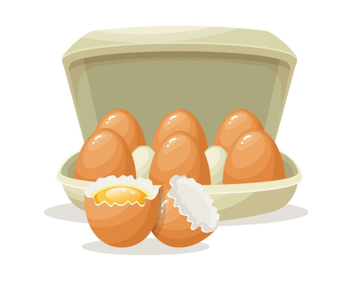 vers eieren in een karton houder en een gebroken ei, kip eieren in een doos. voedsel illustratie, vector