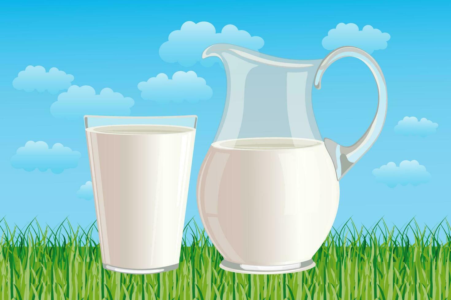 poster voor wereld melk dag met een kruik en een glas van melk Aan de achtergrond van een landelijk landschap. banier, vector