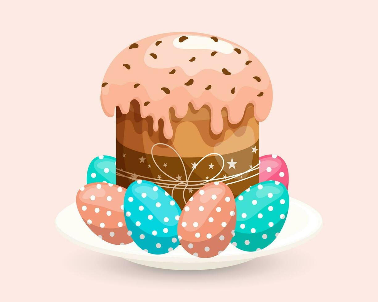 Pasen taart met suikerglazuur en gekleurde Pasen eieren. kleurrijk Pasen illustratie, groet kaart, vector