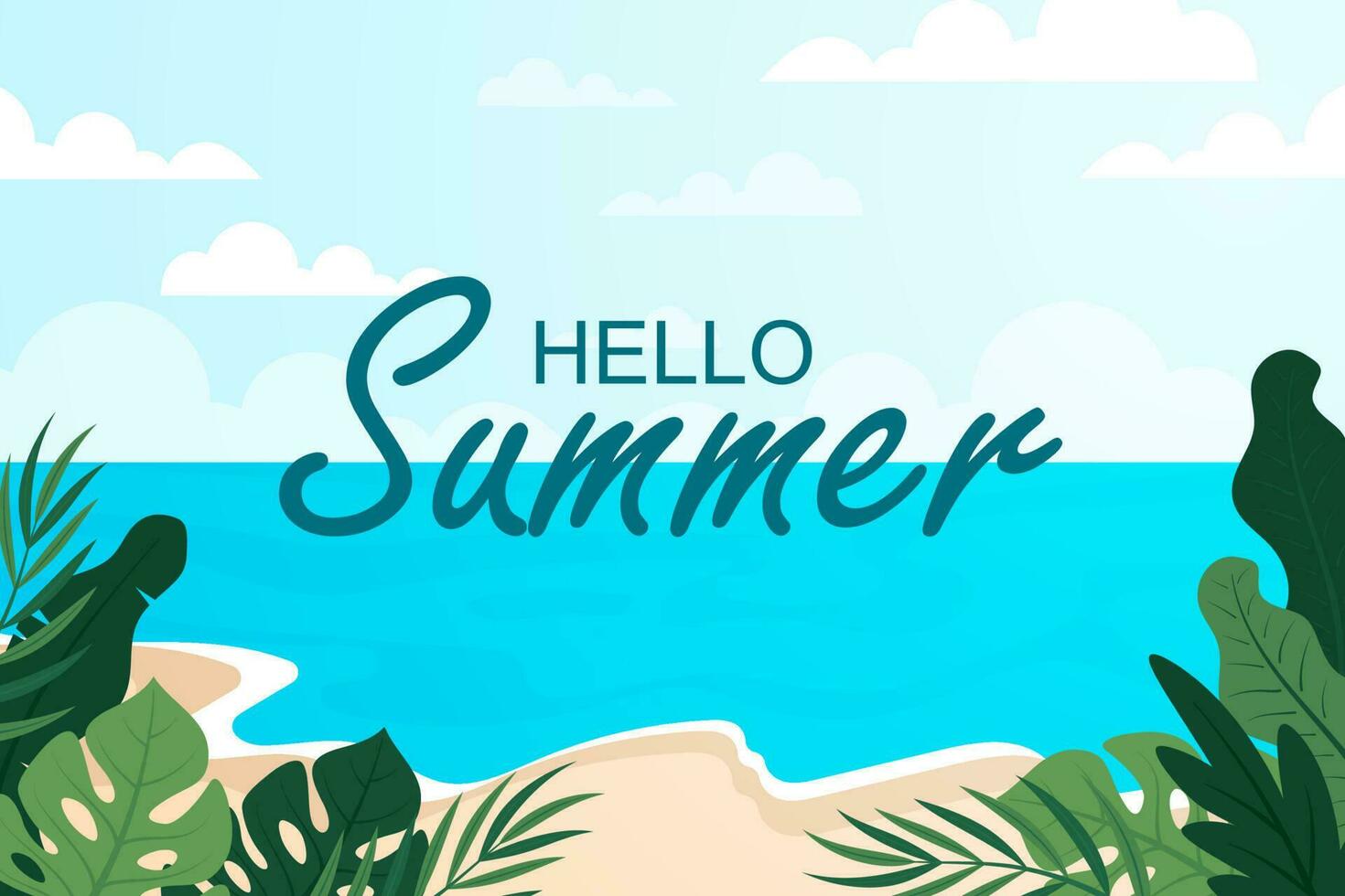 zomer achtergrond vector ontwerp met mooi tropisch bladeren en strand