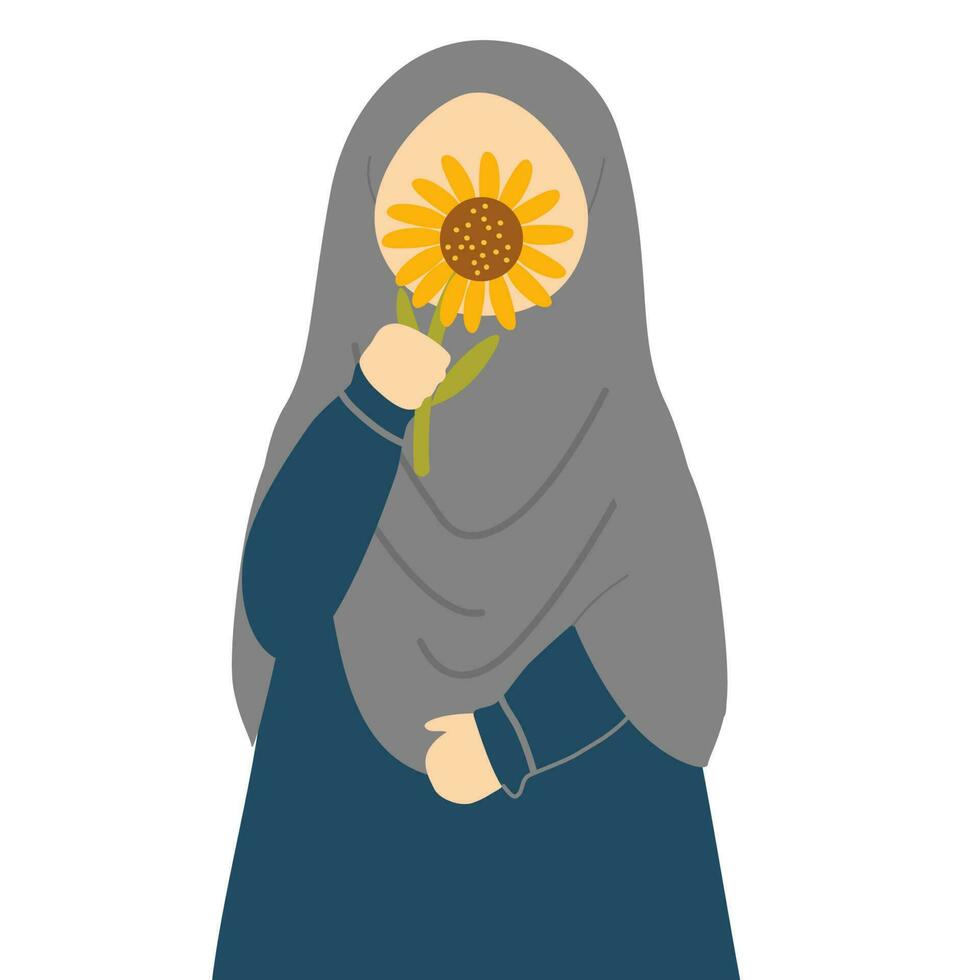 schattig moslim meisje vervelend hijab Holding zonnebloem vector