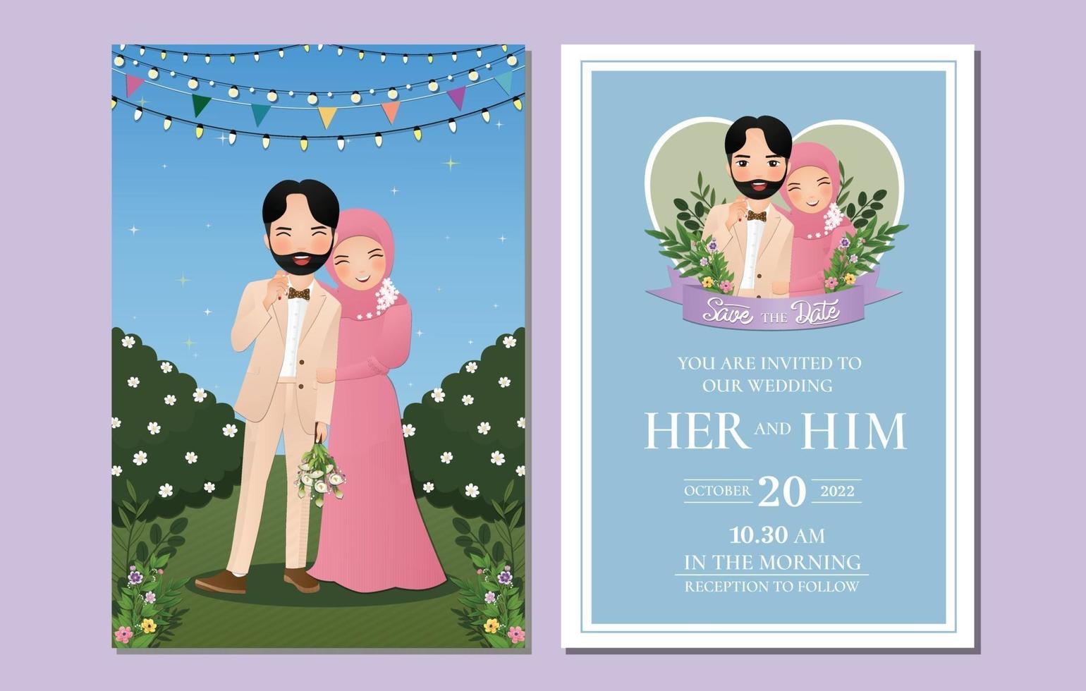bruiloft uitnodigingskaart de bruid en bruidegom moslim paar cartoon omarmen buitenshuis met landschap mooie bloemen vol bloeien vector