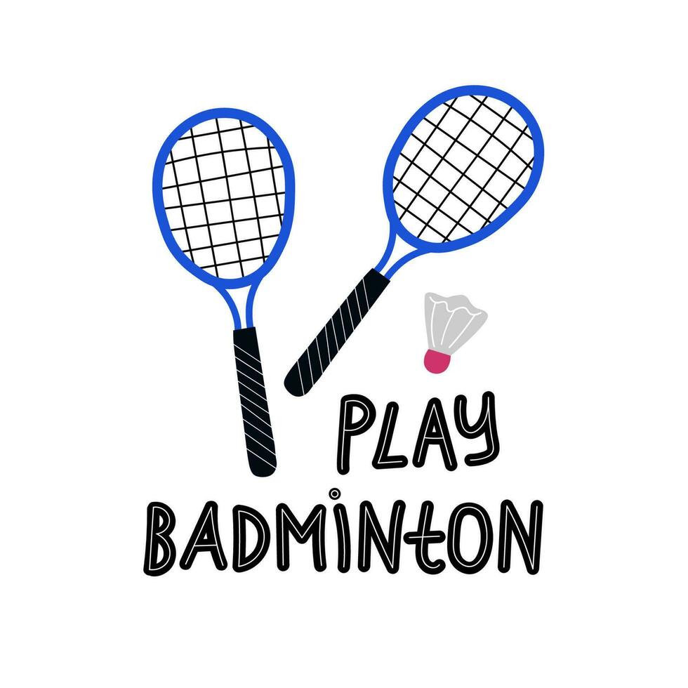 badminton vector icoon. illustratie van shuttle , racket van badminton racket en hand- belettering Speel badminton. sport apparatuur. tekenfilm vector illustratie. hand- getrokken. geïsoleerd wit achtergrond.