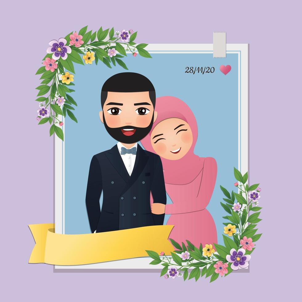 gelukkig liefdevolle moslim paar cartoon omarmen met prachtige bloemen vector