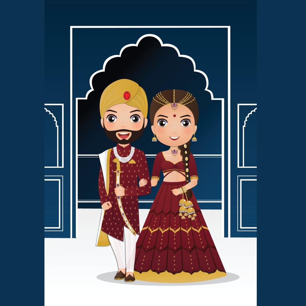 bruiloft uitnodigingskaart het schattige paar bruid en bruidegom in traditionele Indiase jurk stripfiguur. vector illustratie.