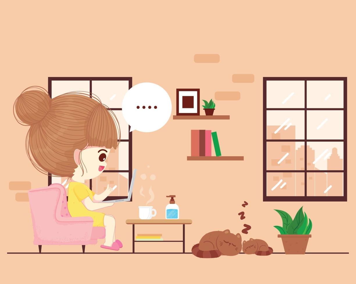 leuke vrouw werken vanuit huis concept cartoon kunst illustratie vector