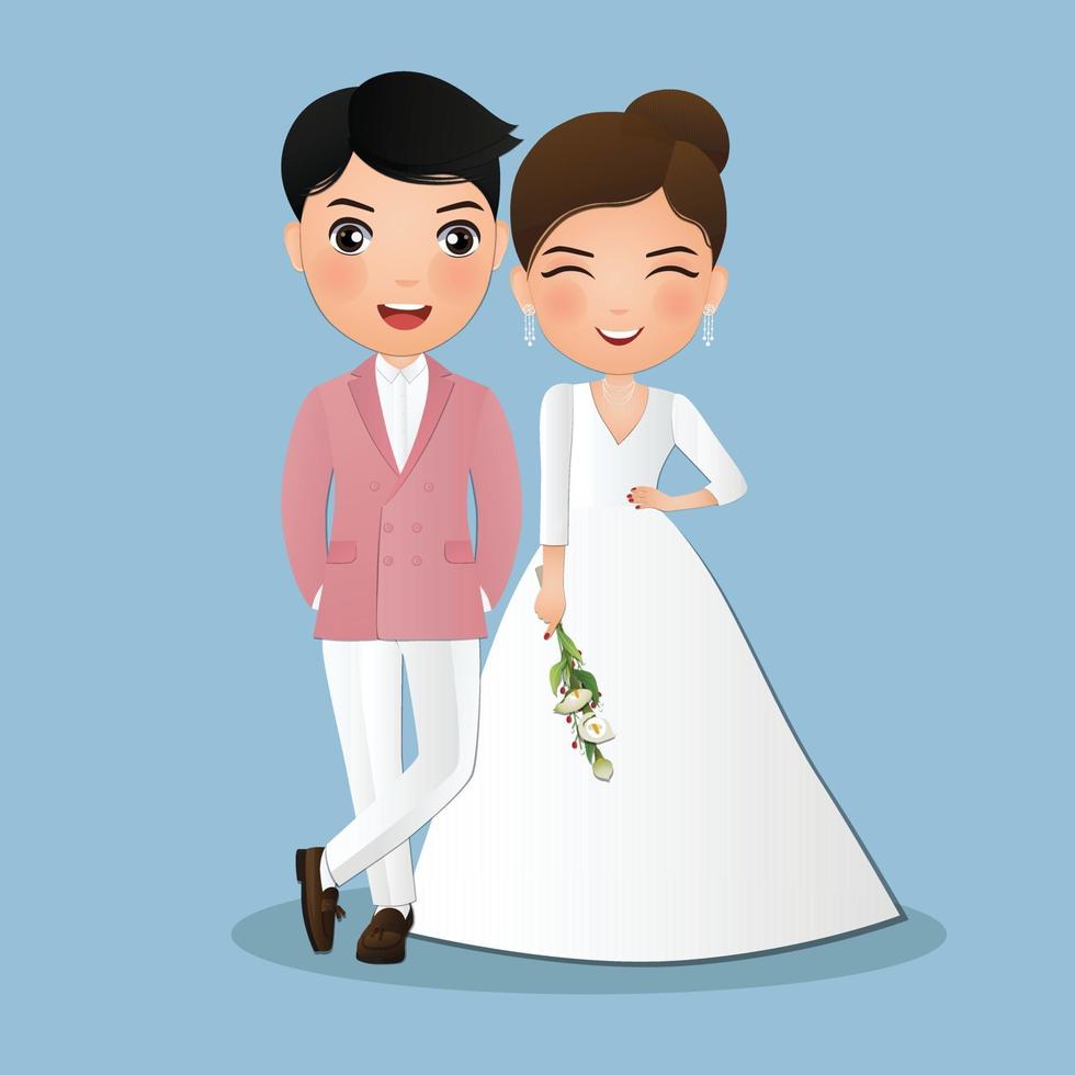 bruiloft uitnodigingskaart de bruid en bruidegom schattige paar stripfiguur. vector illustratie.