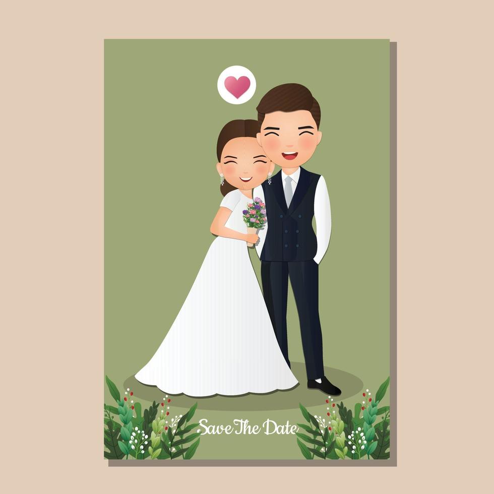 bruiloft uitnodigingskaart de bruid en bruidegom schattige paar stripfiguur. vector illustratie