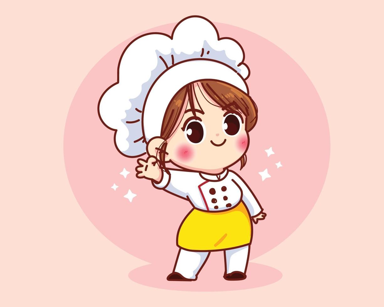 schattig chef-kok meisje lachend in uniform mascotte gebaren ok teken cartoon kunst illustratie vector