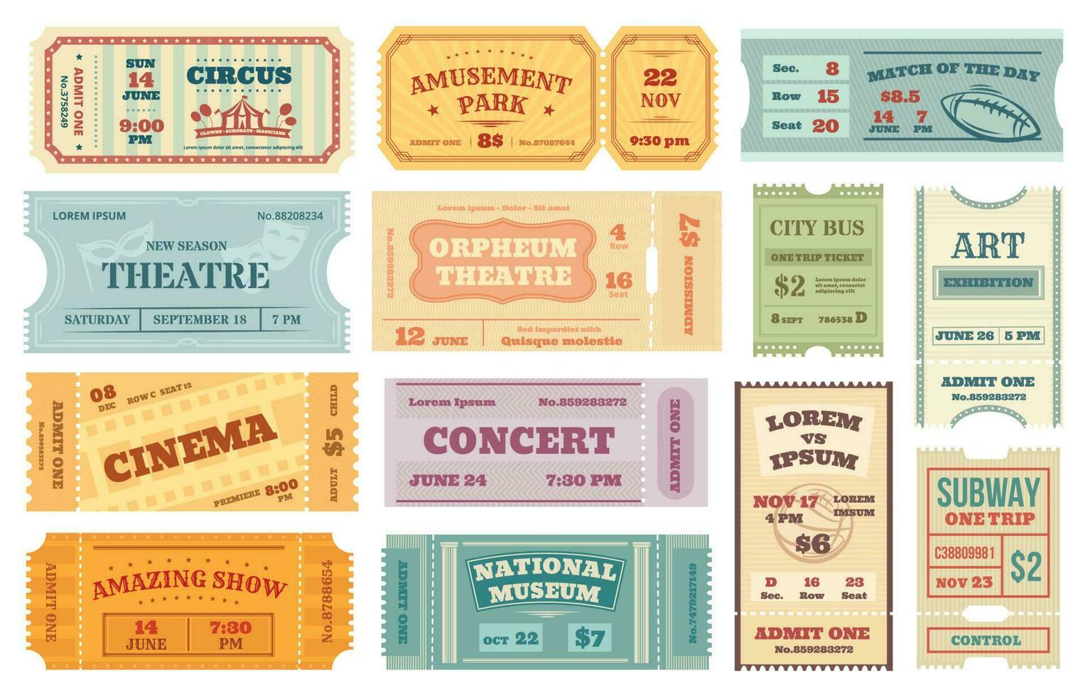 retro kaartjes naar bioscoop, wijnoogst film, concert of theater ticket. oud papier toelating coupon, uitnodiging kaart voor evenement, reizen voorbij gaan aan vector reeks