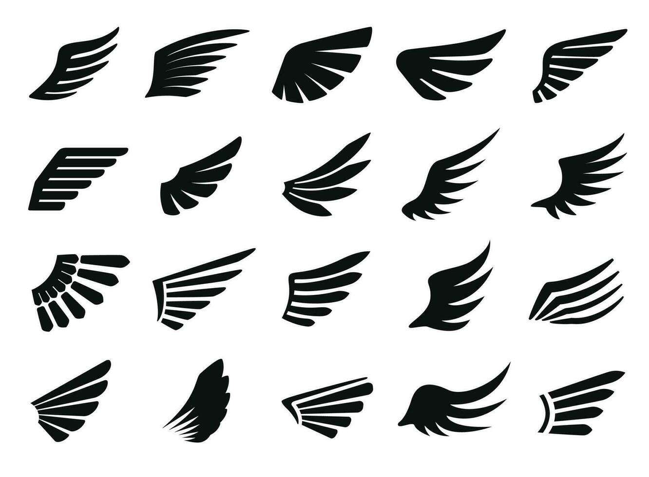 vleugel icoon, vogel Vleugels logo, vliegend adelaar embleem. zwart minimaal vogelstand veren insigne, heraldisch havik of Feniks vleugel silhouet pictogrammen vector reeks