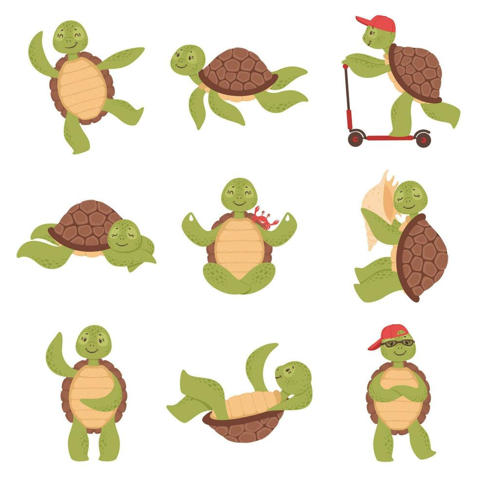 tekenfilm schattig schildpadden, grappig schildpad karakters. gelukkig weinig schildpad zwemmen, slapen of aan het doen yoga, zee watersport dier vector reeks