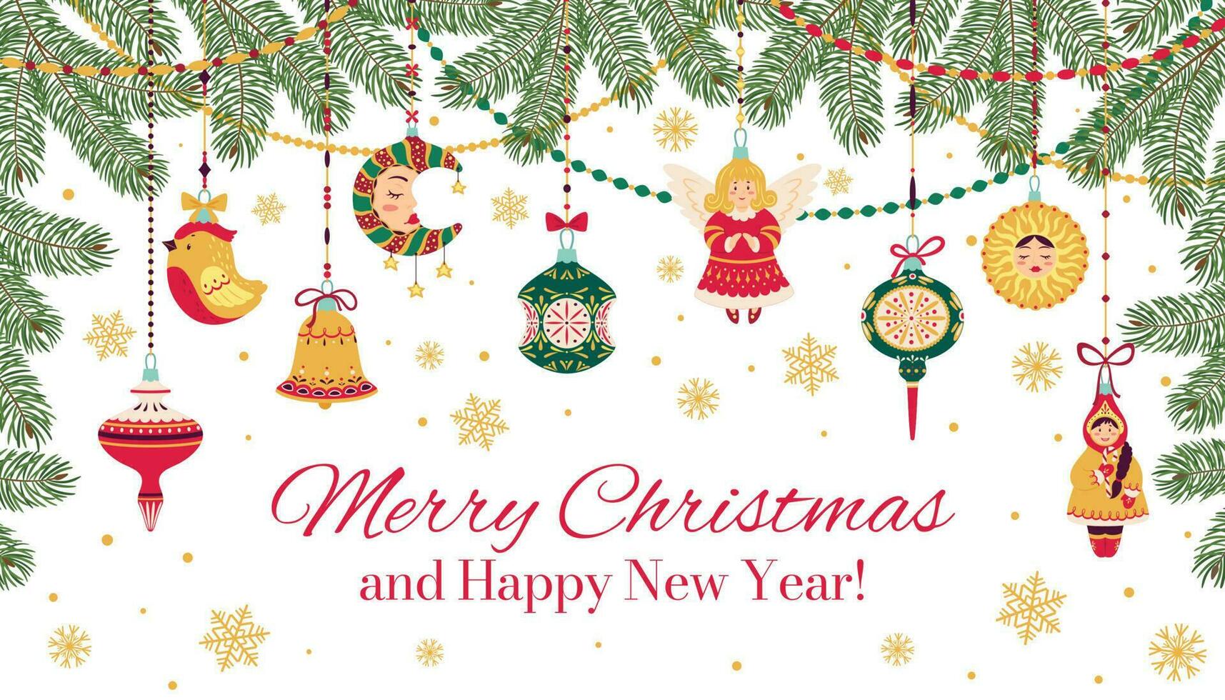 vrolijk Kerstmis banier met Kerstmis boom decoraties en slingers. winter vakantie viering ornamenten Aan pijnboom takken vector kaart sjabloon