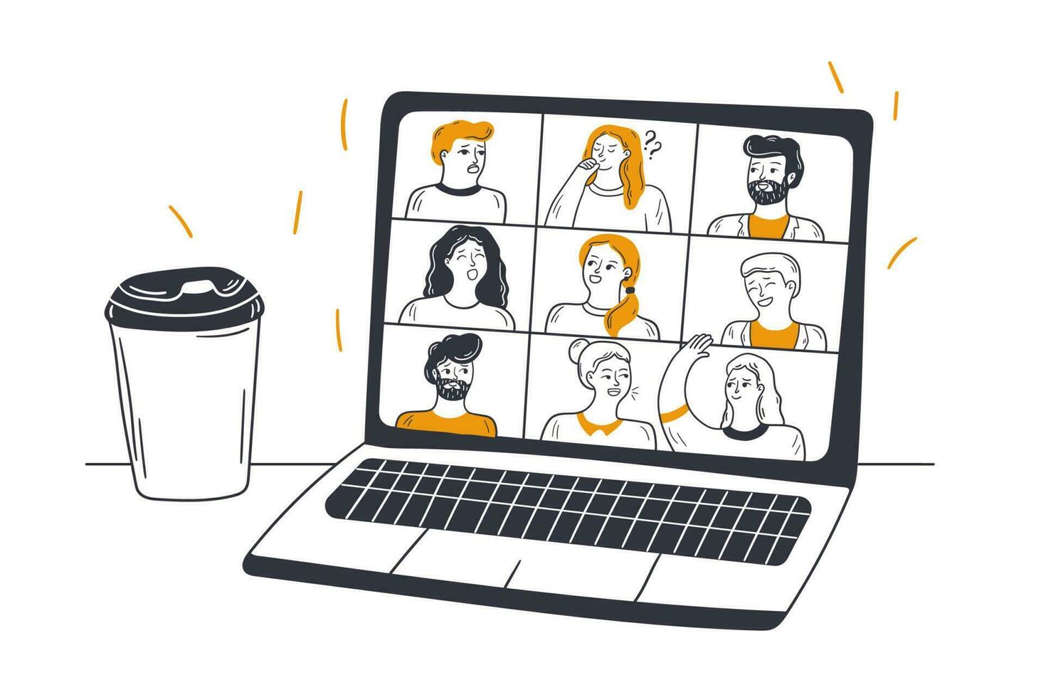 online ontmoeting, video conferentie, bedrijf concept. groep van verschillend mannen Dames mensen uit het bedrijfsleven genieten web communicatie illustratie. glimlachen vrienden pratend Aan video conferentie internet discussie. vector