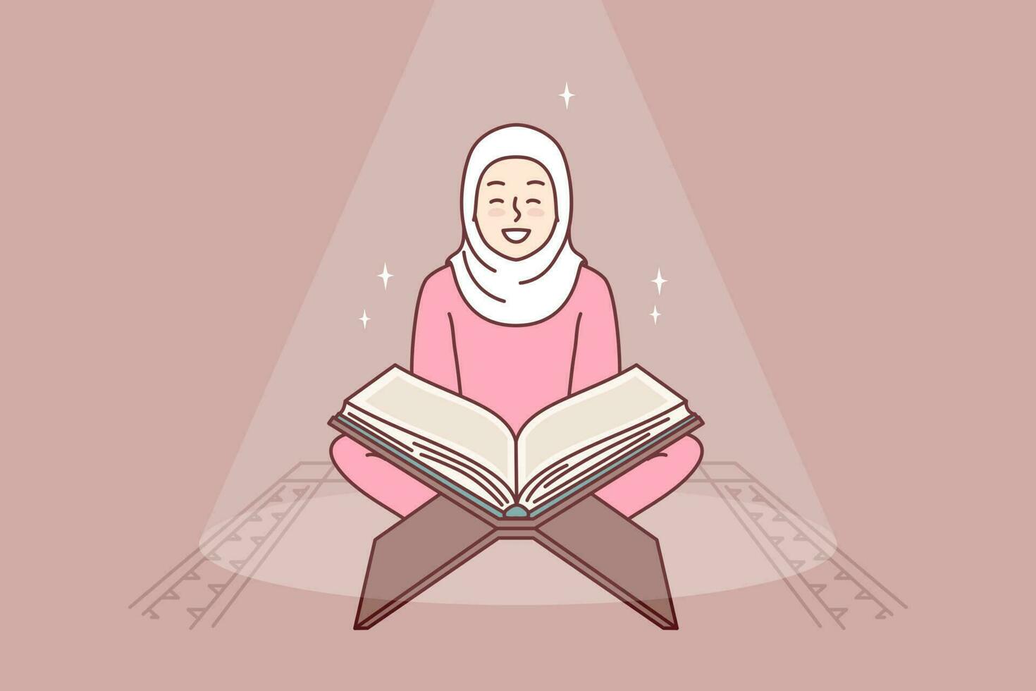 moslim meisje leest heilig boek koran draaien naar god Allah zit in moskee of religieus plaats voor gebed. positief vrouw in hijab aan het studeren Arabisch koran krijgen Islamitisch traditioneel onderwijs vector