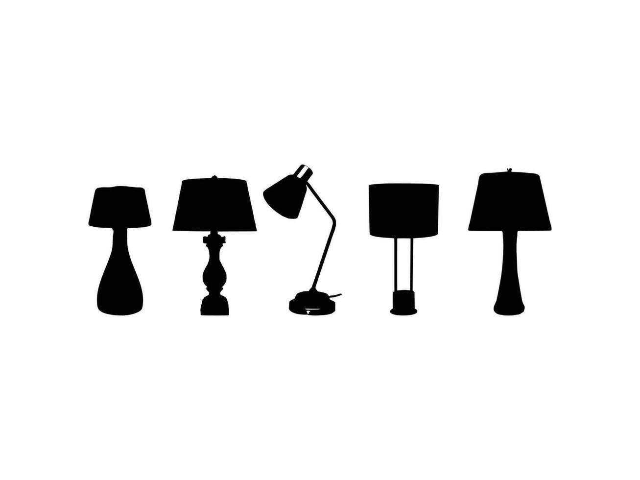 vijf tafel licht silhouet, lampen vlak stijl vector illustratie. zwart licht, lamp silhouet set, lampen set.