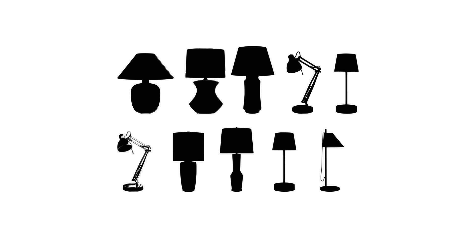 tien tafel licht silhouet, lampen vlak stijl vector illustratie. zwart licht, lamp silhouet set, lampen set.