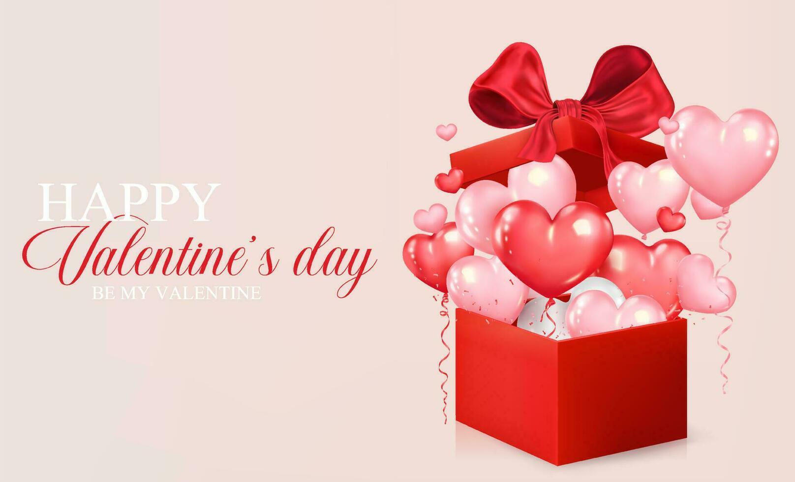 Valentijnsdag dag concept achtergrond. realistisch hart vormig ballonnen vlieg uit van rood geschenk doos. romantisch ontwerp voor omslag, partij, affiches, groet kaart, Promotie spandoek. vector illustratie