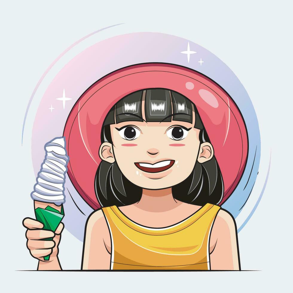 Hallo zomer. schattig meisje aan het eten ijs room en glimlacht vector illustratie vrij downloaden